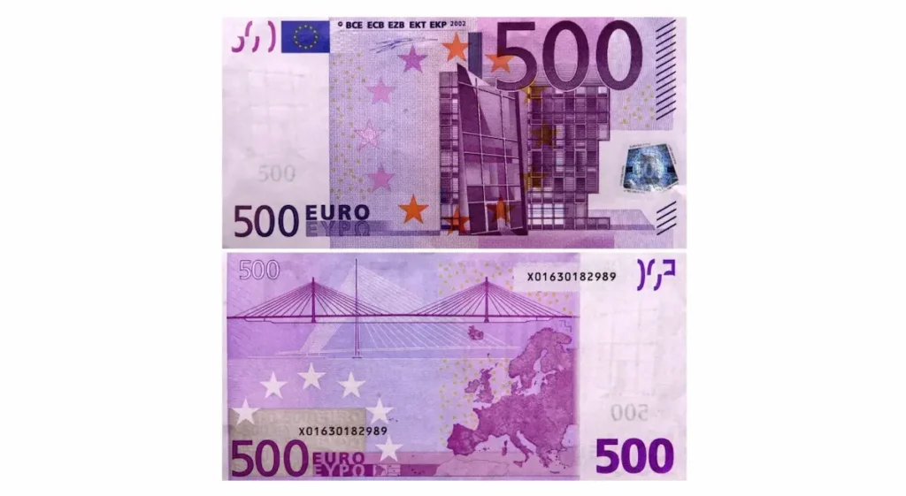 Obverse and reverse sides of the 500 euro note